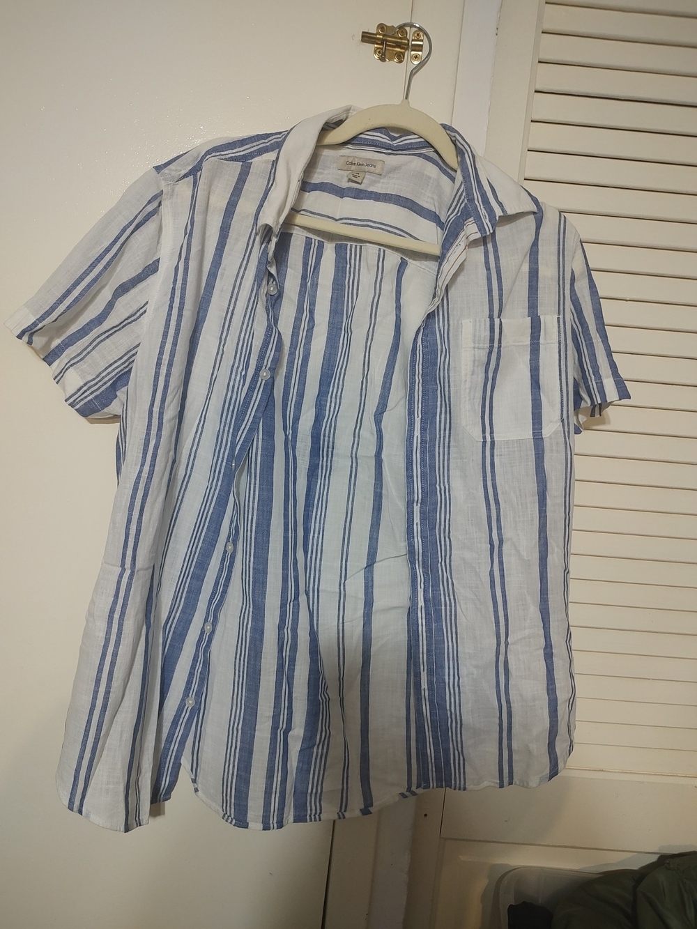 Calvin Klein Jeans White and Blue Vertical Stripe Short-Sleeve Shirt